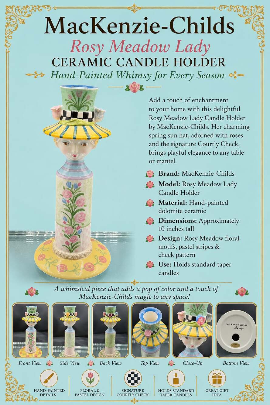 MacKenzie-Childs Rosy Meadow Lady Ceramic Taper Candle Holder